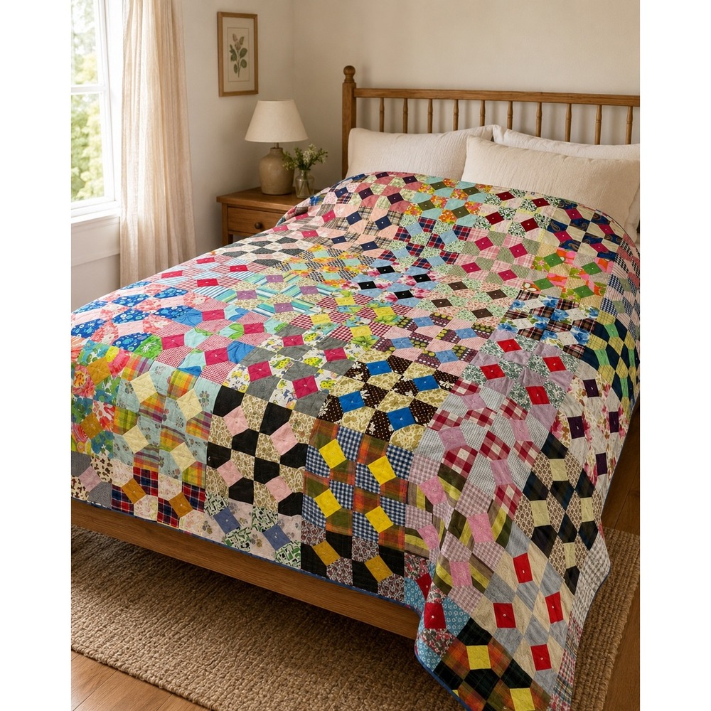 Vintage Handmade Bow Tie Patchwork Quilt Full Bed Scrappy Multicolor 88x78